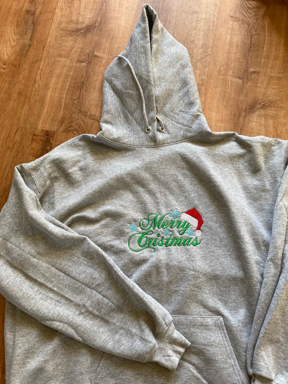 Merry Christmas Embroidered Hoodie Featuring a Santa Hat Design